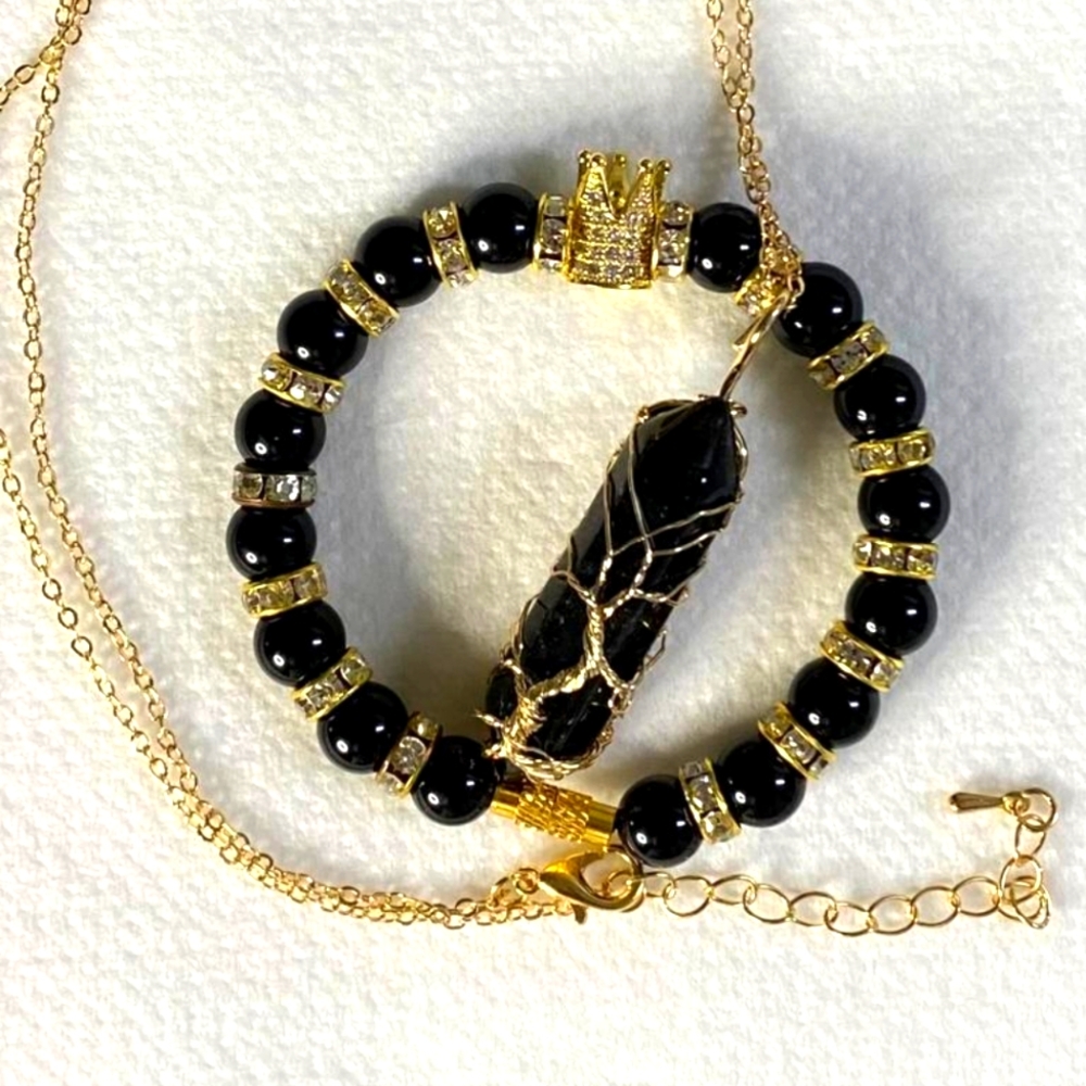 Natural Handmade Black Onyx Stone Bracelet Set.